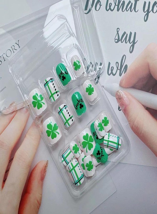 BSBTBZ 24Pcs St. Patrick's Day Press on Nails Medium Square - French Tip Fake Nails with Green Shamrock Irish Design Reusable Natural Stick on Nails Gift for Women DIY St. Patrick's Day Clover Manicure Set - Image 5
